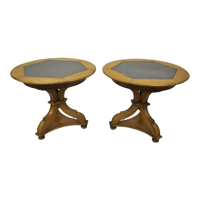 Vintage Slate Top Walnut Regency Style Low End Tables on Pedestal Bases