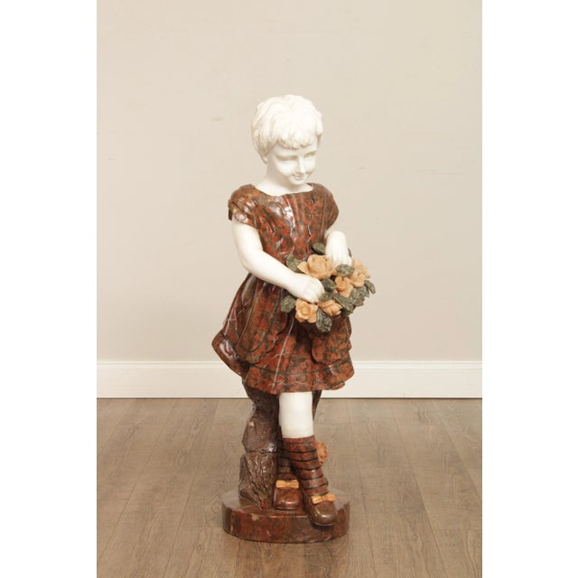 High Quality Vintage Red and White Marble Carved Figural Statue of Girl Holding Basket of Flowers