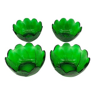 1950's Fire King Forest Green Glass Lotus Blossom Bowls - Set of 4 For Sale