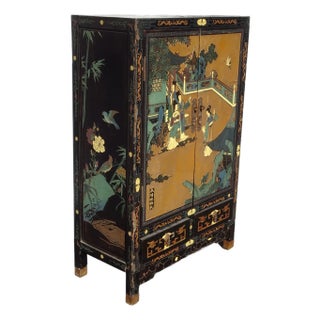 Vintage Oriental Asian Black Lacquer Cabinet Chinoiserie Side Table Signed Asis For Sale