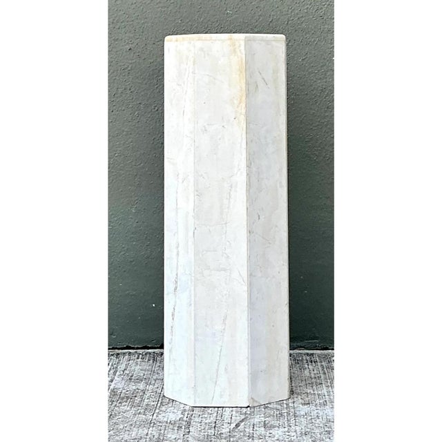 White Vintage Medium White Marble Hexagonal Pedestal For Sale - Image 8 of 12