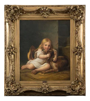 A. Lemoine, Little Girl with Dog, 19th Century, Oil on Canvas, Framed