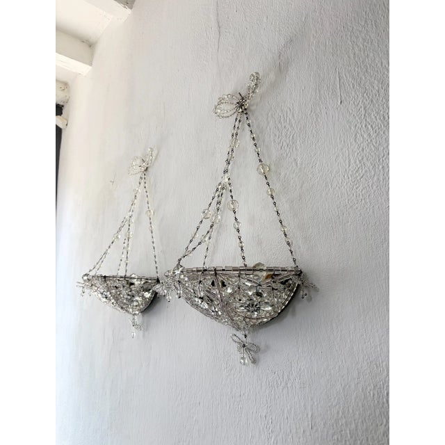 Italian Crystal Beaded Basket Mirrors Sconces, Circa 1920 Rare For Sale - Image 4 of 12