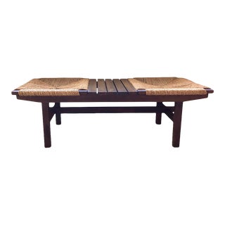1960s Japanese Minimalist Slatted Wood & Rush Bench For Sale