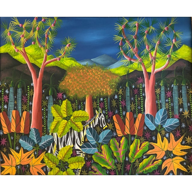 Colorful and very decorative Haitian landscape acrylic on canvas. Circa 1980. Signed on lower right corner: J. Guercin....