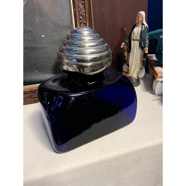 Blue 1970s French Blue Biomorphic Glass Bottle With Silver Top For Sale - Image 8 of 8