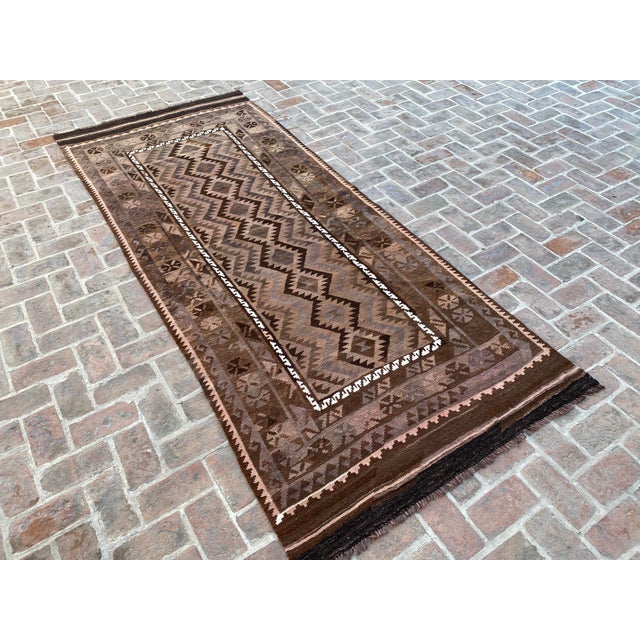 Afghan Maimana Kilim Area Rug, Handwoven Wool, 5x8, Brown & Blush For Sale - Image 4 of 12