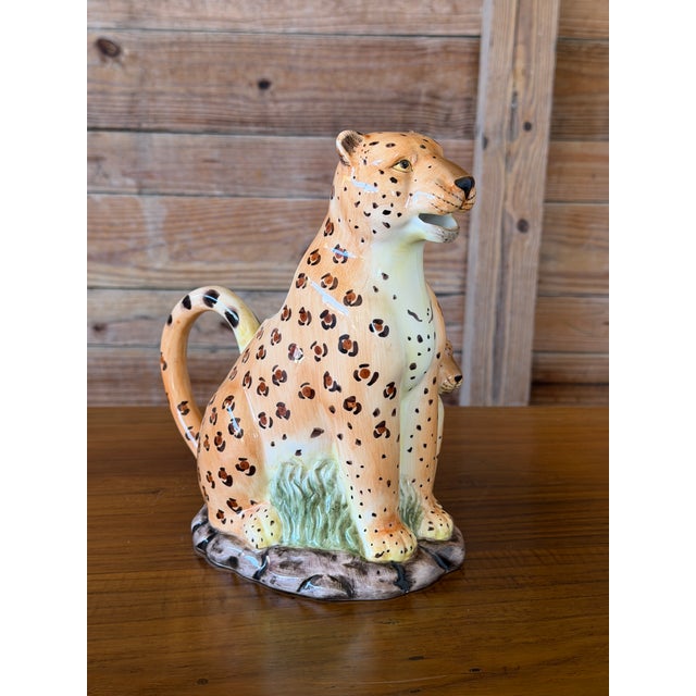 Vintage Hand-Painted Ceramic Leopard and Cub Figural Pitcher For Sale - Image 4 of 11