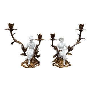 Pair of Mid 20th Century Chinoiserie Porcelain Figural Ormolu Candelabra Candle Holders For Sale