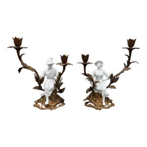 Pair of Mid 20th Century Chinoiserie Porcelain Figural Ormolu Candelabra Candle Holders