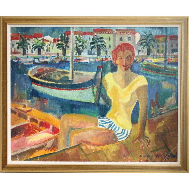French School Artist, Young Woman at the Port of Sanary, Oil Painting on Canvas, Framed For Sale