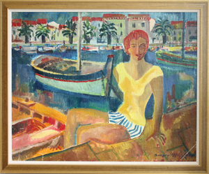 French School Artist, Young Woman at the Port of Sanary, Oil Painting on Canvas, Framed