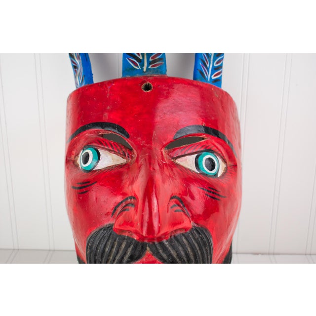 Large Vintage Hand Carved Red Diablo Costume Mask With Beard & Blue Feathers For Sale - Image 4 of 18