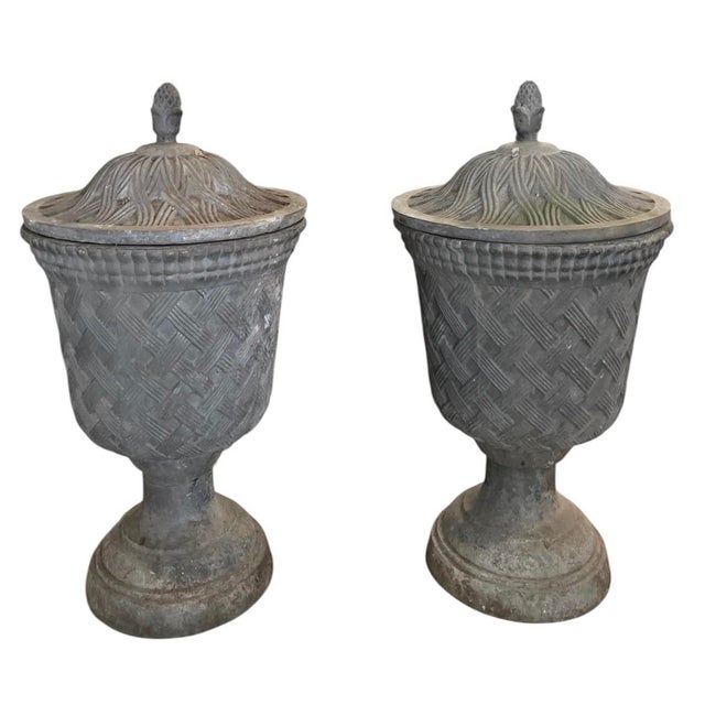 Metal Pair of Neoclassical Style Basketweave Lead Garden Urns With Finial Lids For Sale - Image 7 of 10