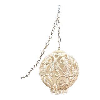 1960s-70s Cream/Gold Reticulated Hanging Globe Pendant Light For Sale