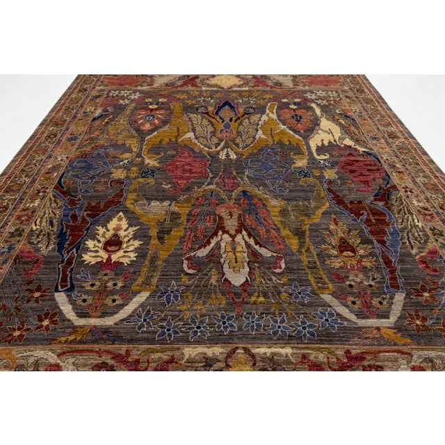 Modern Bidjar Style Hand-Knotted Wool Area Rug Floral Design in Earthy Charcoal For Sale In New York - Image 6 of 11
