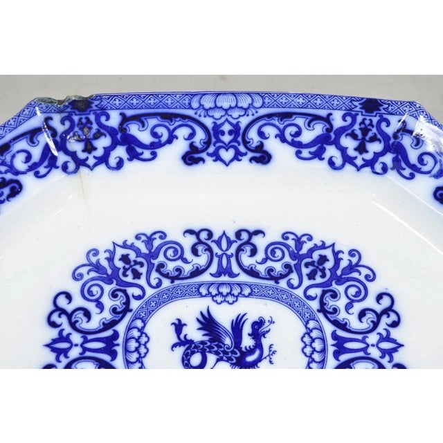 Antique Flow Blue and White Transferware Ironstone Platter Dish W Chinese Dragon For Sale In Philadelphia - Image 6 of 12
