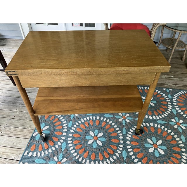 Vintage Scandinavian Mid‑Century Flip‑Top Bar Cart – Solid Oak Serving Trolley on Casters For Sale - Image 14 of 17