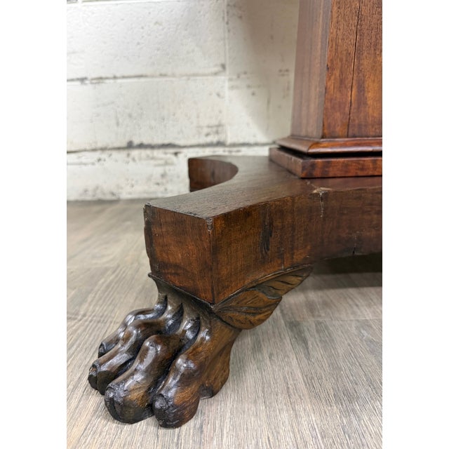 Antique American Empire Carved Mahogany Lion Paw Feet Pedestal Center Table For Sale - Image 4 of 11