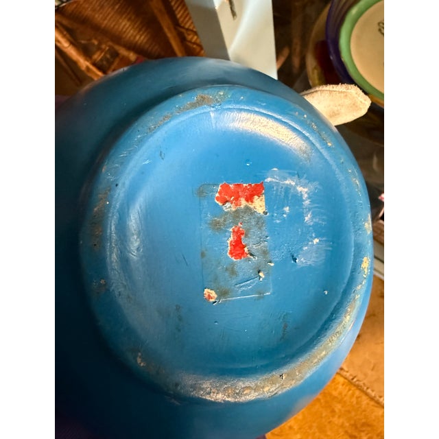 Sky Blue Vintage Farmhouse Portuguese Glazed Terracotta Ewer Blue Pitcher For Sale - Image 8 of 9