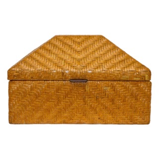 Vintage Woven Leather and Wood Hinged Monumental Box Rattan Style Pagoda Style For Sale