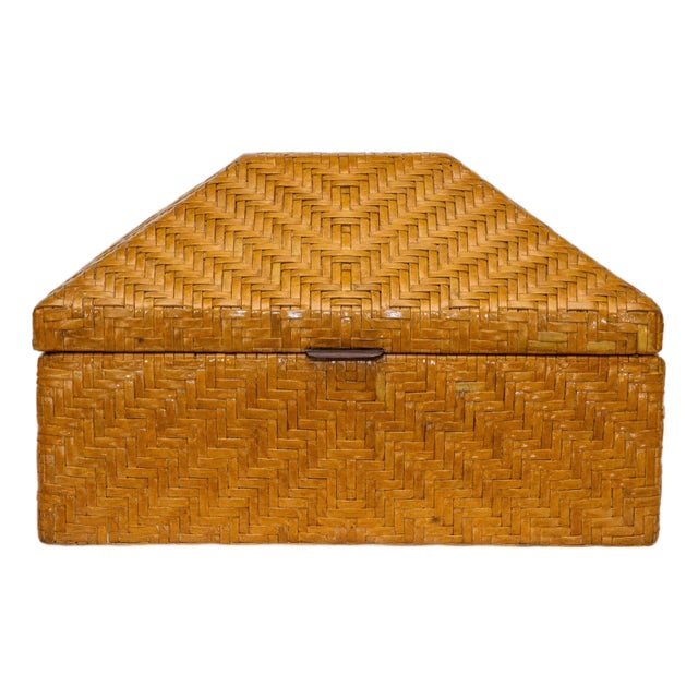 Vintage Woven Leather and Wood Hinged Monumental Box Rattan Style Pagoda Style For Sale