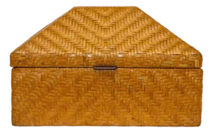 Vintage Woven Leather and Wood Hinged Monumental Box Rattan Style Pagoda Style