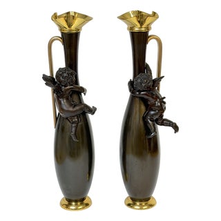 Pair 19th C. Gilt & Patinated Metal Cupid Candlesticks, After Auguste Moreau For Sale