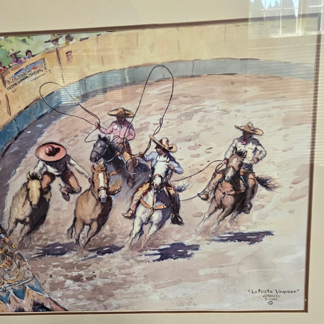 Lorenzo Castñeda 2011 "La Fiesta Vaquera" Framed Watercolor 39"w X 27"h Beautiful Western Piece For Sale - Image 6 of 18