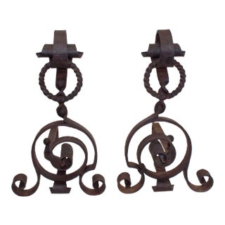Andirons Antique Hand Wrought Iron - A Pair For Sale