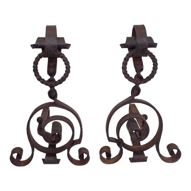 Andirons Antique Hand Wrought Iron - A Pair For Sale