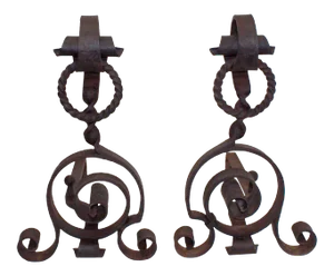 Andirons Antique Hand Wrought Iron - A Pair