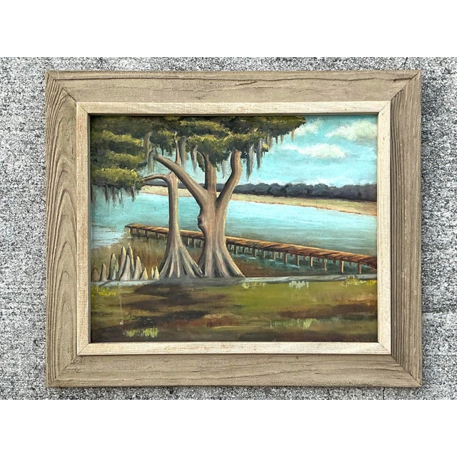 Vintage Original Lakeside Oil on Canvas For Sale - Image 10 of 12