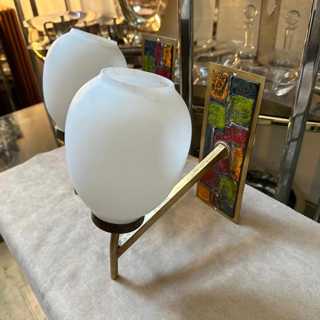 1950s Mid-Century Modern Enameled Brass and Glass Italian Wall Sconces For Sale - Image 4 of 12