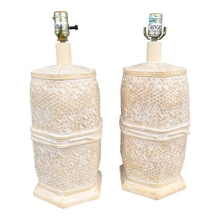 Vintage Boho Chic Ceramic Faux Bamboo and Wicker Table Lamps - A Pair For Sale