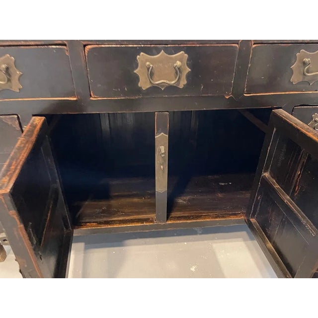 Asian Antique Asian Black Lacquer Drawers Sideboard Buffet Credenza For Sale - Image 3 of 8