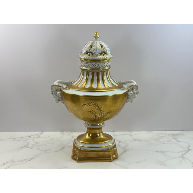 Traditional Antique Dresden Porcelain Urn Vase With Figural Ram Handles & Reticulated Lid For Sale - Image 3 of 12