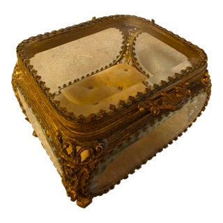 Vintage French Style Ormolu Brass & Beveled Glass Jewelry Box / Trinket Casket For Sale