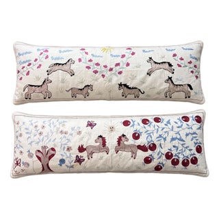 White Horse Suzani Lumbar Pillow Cover 18'' X 54'' - Set of Two For Sale