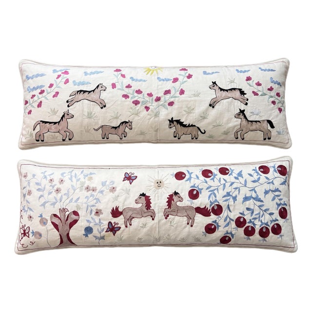 White Horse Suzani Lumbar Pillow Cover 18'' X 54'' - Set of Two For Sale