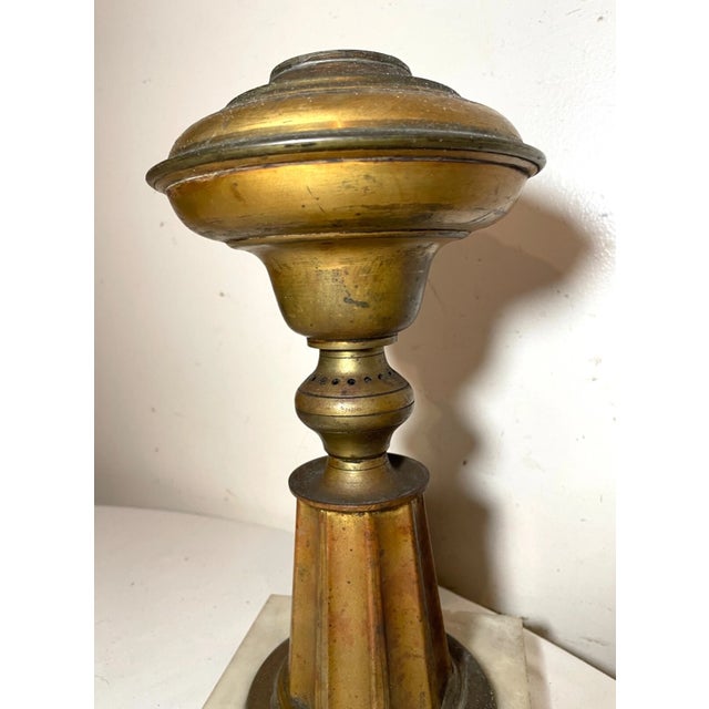 19th Century Rare Antique 1800 Gilded Brass Marble Electrified American Astral Table Oil Lamp For Sale - Image 5 of 11