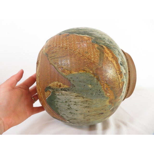 Vintage Eugene Johnson 12" Studio Art Pottery Spherical Vase ~ Drip Glaze Stoneware Planter Pot For Sale - Image 13 of 15