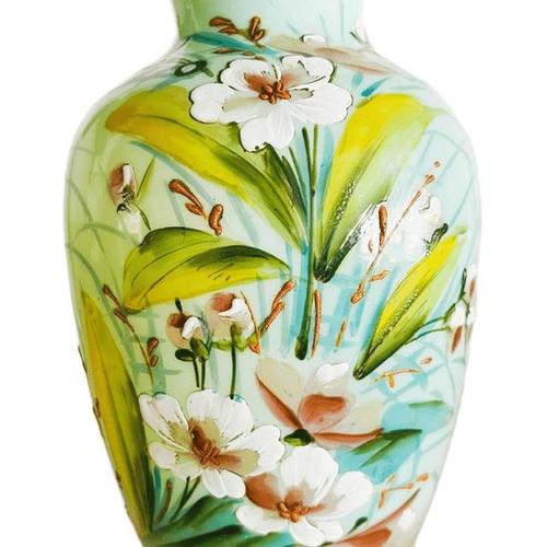 Antique Art Nouveau Uranium Floral Opaline Glass Vase, 1900s For Sale - Image 3 of 11