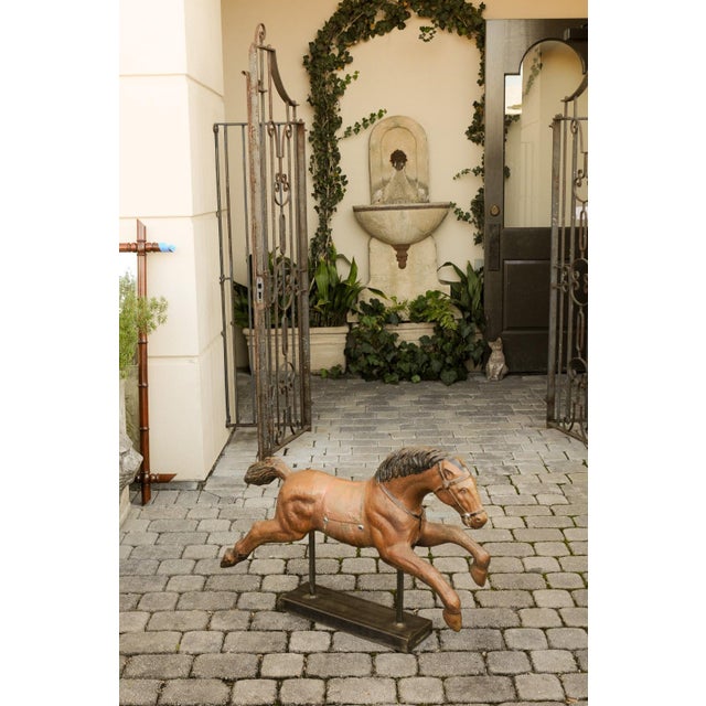 Vintage 1940s Folk Art Painted Iron Child Riding Horse Mounted on Custom Base For Sale In Atlanta - Image 6 of 12