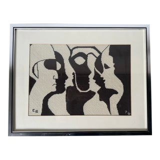 1976 Mid-Century Modern Abstract Figural Needlepoint Textile Wall Art – Framed For Sale