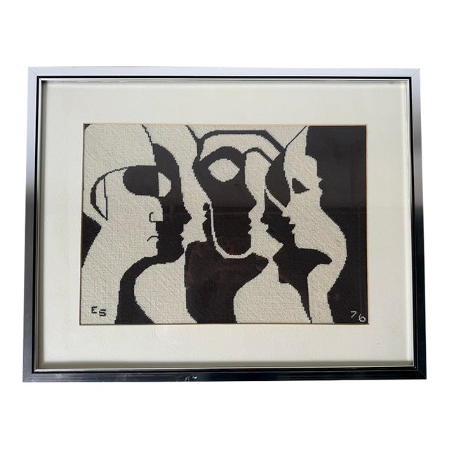 1976 Mid-Century Modern Abstract Figural Needlepoint Textile Wall Art – Framed For Sale