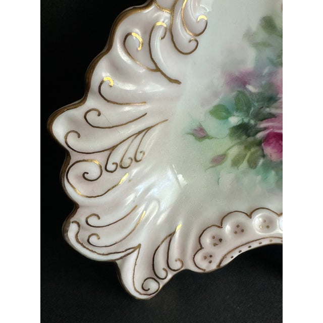 Twentieth Century Hand Painted Gold Gilt Pink Roses Jewelry Trinket Dish For Sale - Image 4 of 12