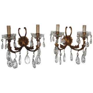 Mid-Century Italian Bronze & Crystal Sconces, 1950s, Set of 2 For Sale