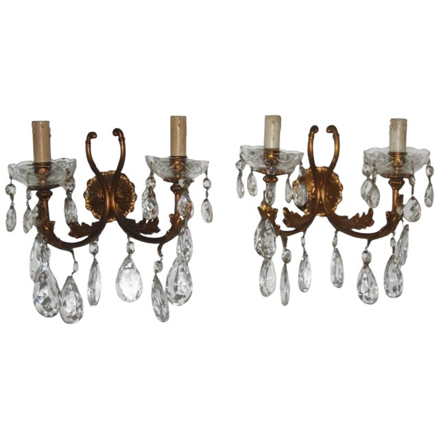 Mid-Century Italian Bronze & Crystal Sconces, 1950s, Set of 2 For Sale