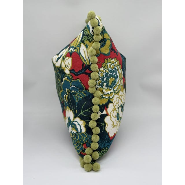 Schumacher Schumacher Shanghai Pillow Cover in Peacock With Green Pom Trim For Sale - Image 4 of 4